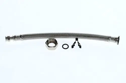 Schlauch von Bosch mit metallischer Ummantelung, einem Endstück und einer mutterförmigen Komponente. Zubehörteile sind ein O-Ring und eine Klemme.